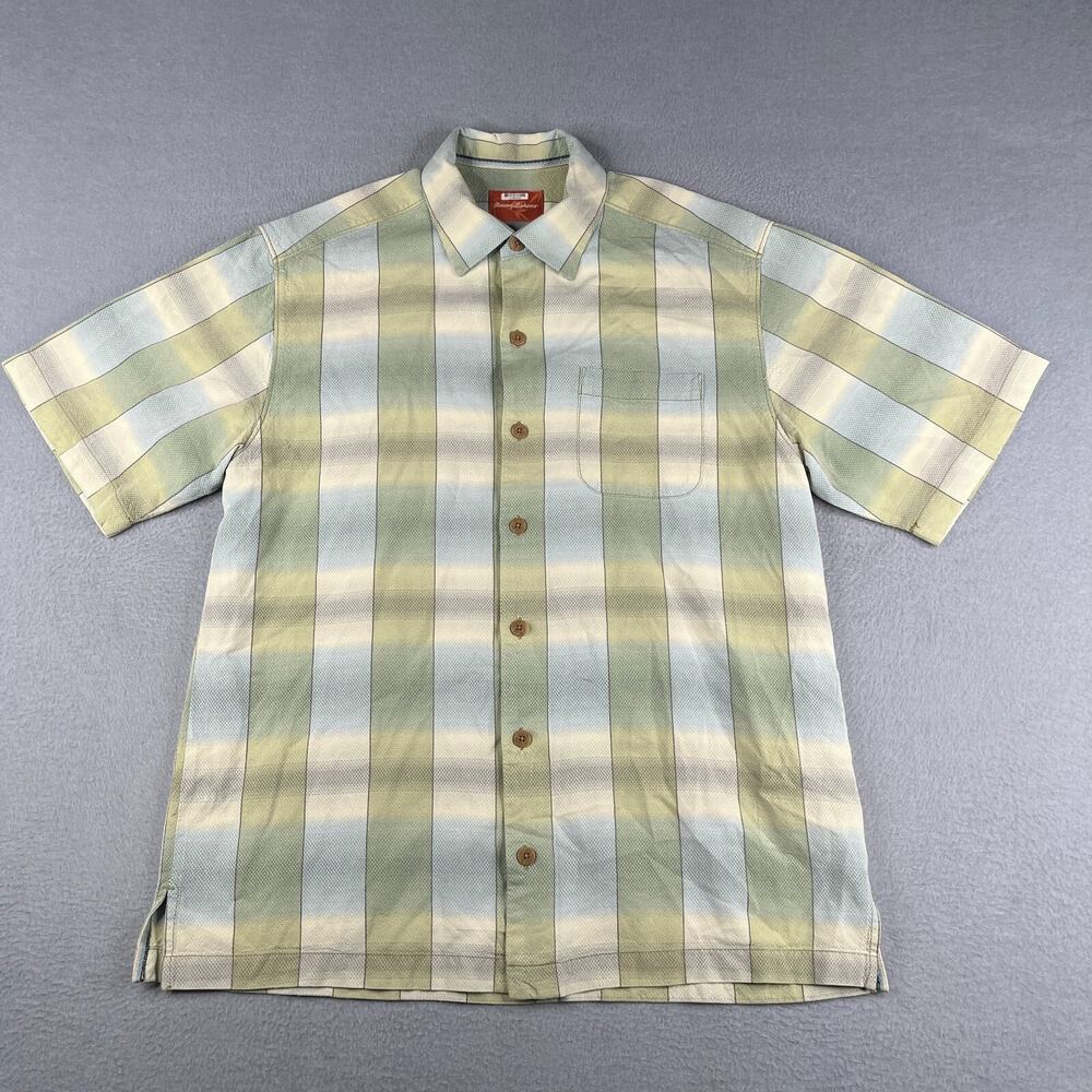 Tommy Bahama Shirt Medium Silk Sage Plaid Beach Casual Button Up Short Sleeve